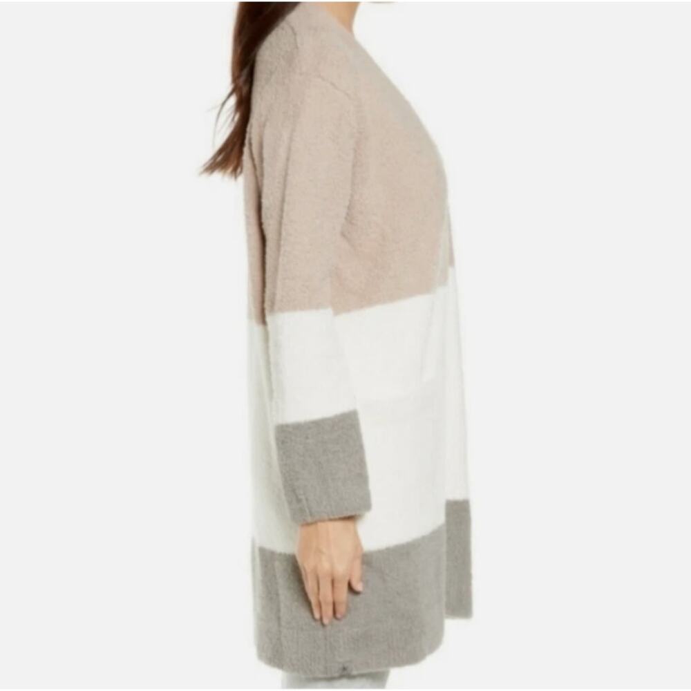 Barefoot Dreams CozyChic Colorblock Cardigan in Tan/White/Gray Stripe Size Med - Picture 3 of 10